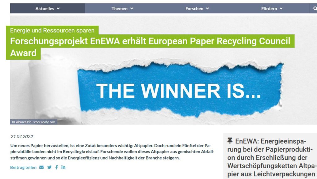 Beitrag auf Industrie Energieforschung über den Gewinn des European paper recycling award
